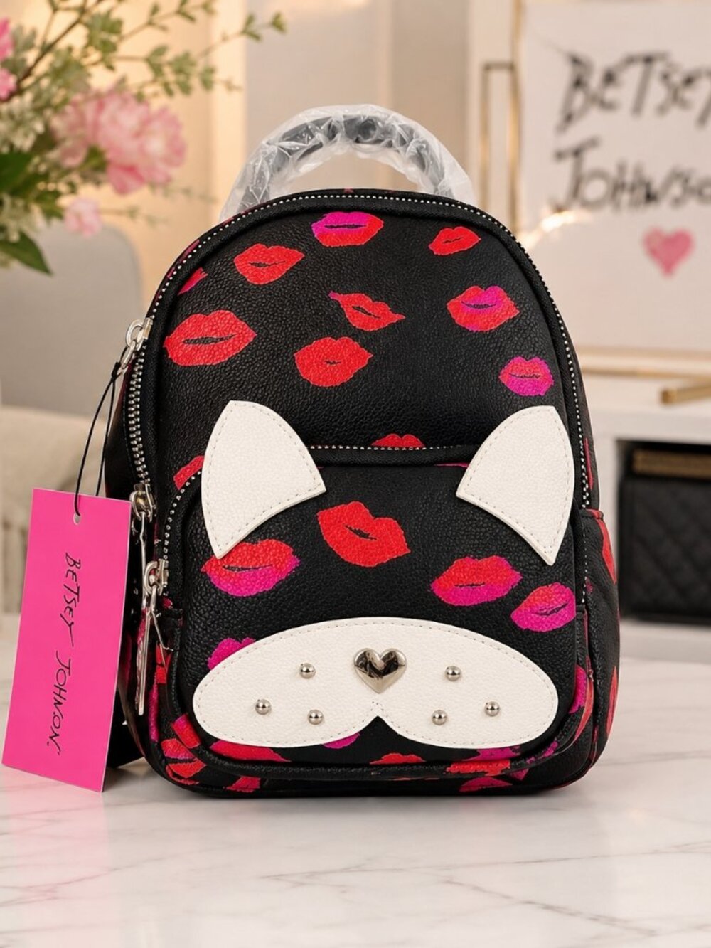 Betsey Johnson Lip Print Puppy Mini Backpack Dog Face NWT